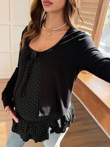 Dazy Maternity Solid Color Inner Layer Polka Dot Camisole Outer Layer Tie-Front Cardigan Loose Casual Versatile Maternity 2 Pieces Set Vacation - Black - View 6