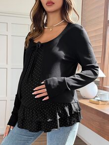Dazy Maternity Solid Color Inner Layer Polka Dot Camisole Outer Layer Tie-Front Cardigan Loose Casual Versatile Maternity 2 Pieces Set Vacation - Black - View 4