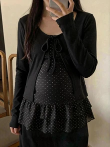 Dazy Maternity Solid Color Inner Layer Polka Dot Camisole Outer Layer Tie-Front Cardigan Loose Casual Versatile Maternity 2 Pieces Set Vacation - Black - View 1
