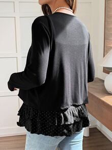 Dazy Maternity Solid Color Inner Layer Polka Dot Camisole Outer Layer Tie-Front Cardigan Loose Casual Versatile Maternity 2 Pieces Set Vacation - Black - View 2