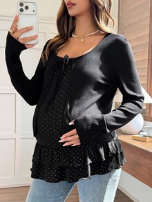 Dazy Maternity Solid Color Inner Layer Polka Dot Camisole Outer Layer Tie-Front Cardigan Loose Casual Versatile Maternity 2 Pieces Set Vacation - Black - View 5