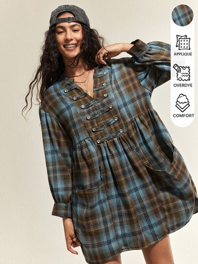 SHEIN Women's Vintage Blue & Brown Plaid Lantern Sleeve V-Neck With Small Stand Collar Large Pocket Design Loose Flattering Slimming Fashion Versatile Dress
