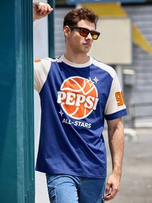 PEPSI X SHEIN Manfinity Dauomo Men's Loose Fit Short Sleeve T-Shirt With Contrast Color Basketball Print Pattern, Casual Versatile Streetwear Style For Summer Outings - Multicolor - View 5