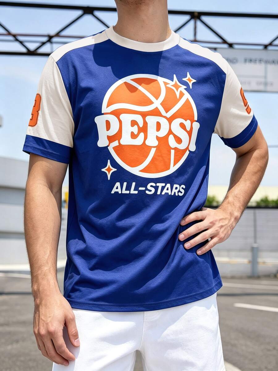 PEPSI X SHEIN Manfinity Dauomo Men's Loose Fit Short Sleeve T-Shirt With Contrast Color Basketball Print Pattern, Casual Versatile Streetwear Style For Summer Outings - Multicolor - View 1
