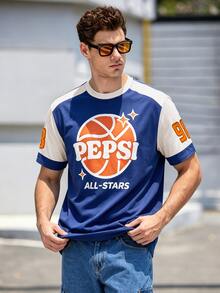 PEPSI X SHEIN Manfinity Dauomo Men's Loose Fit Short Sleeve T-Shirt With Contrast Color Basketball Print Pattern, Casual Versatile Streetwear Style For Summer Outings - Multicolor - View 3