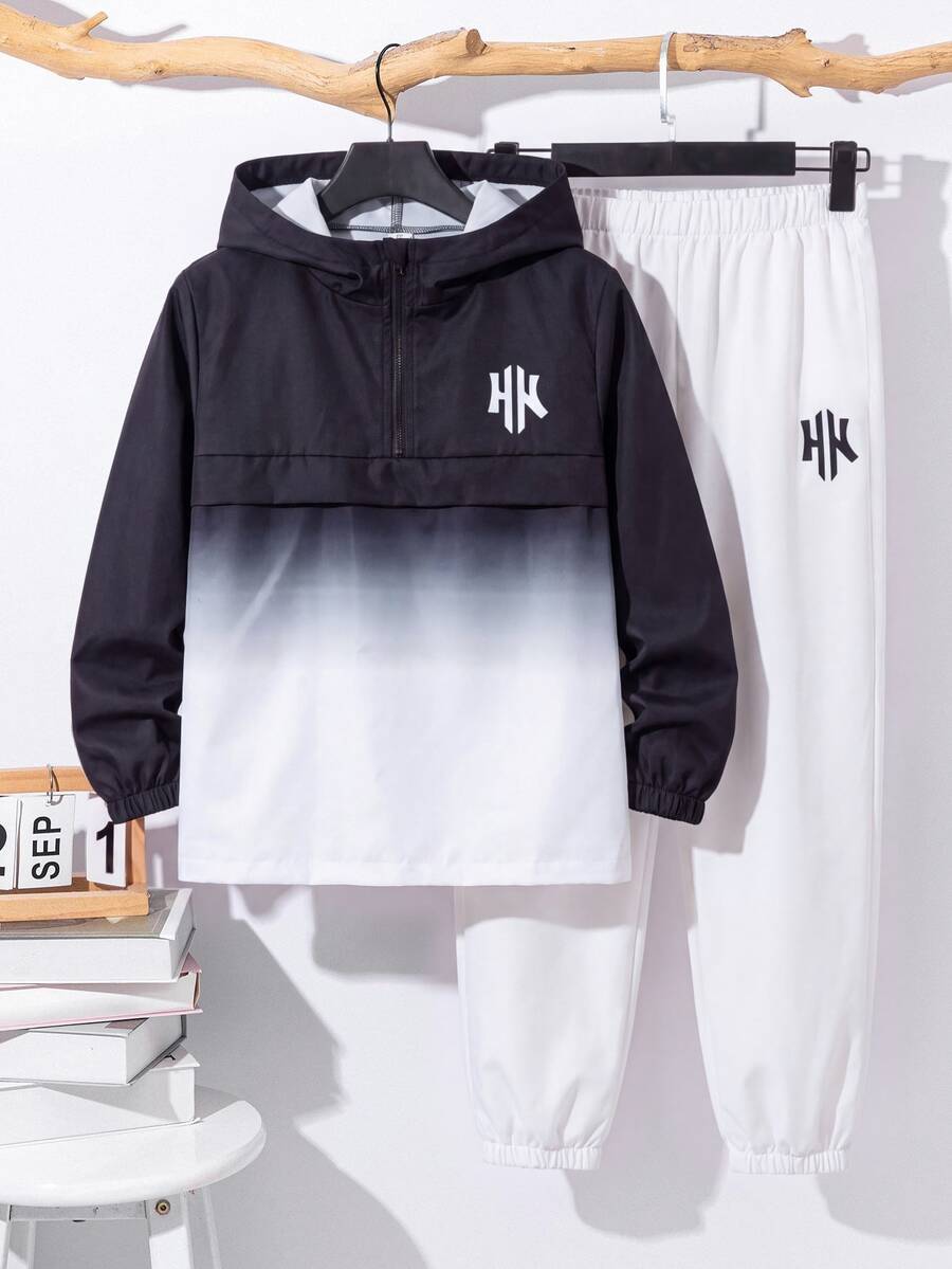 SHEIN طقم من قطعتين للأطفال والفتيان المراهقين: جاكيت بغطاء رأس وسحاب نصفي وبنطال رياضي، بأسلوب رياضي كاجوال لفصل الخريف/الشتاء - متعدد الألوان - مشاهدة 1