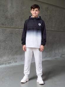 SHEIN 兒童青少年男孩半拉鍊連帽外套與慢跑長褲2件套，休閒運動風，適合秋冬 - 彩色 - 查看 1