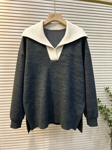Franclia Sweatshirt Lengan Panjang Rajut Waffle dengan Kerah Kontras Ukuran Besar, Musim Gugur/Dingin - Dark Grey - View 4