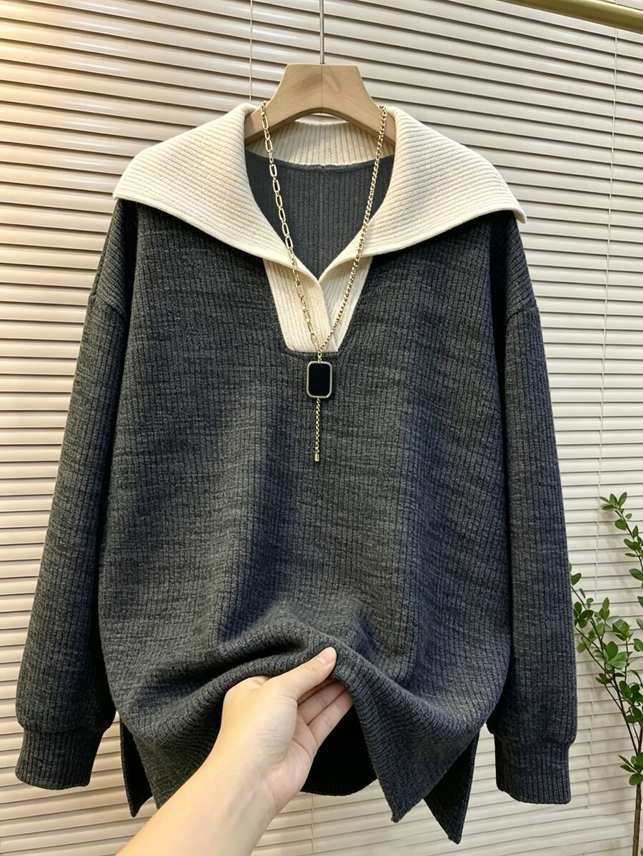 Franclia Sweatshirt Lengan Panjang Rajut Waffle dengan Kerah Kontras Ukuran Besar, Musim Gugur/Dingin - Dark Grey - View 1