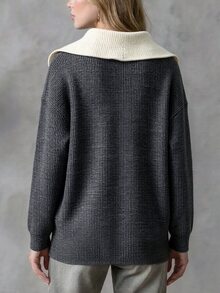 Franclia Sweatshirt Lengan Panjang Rajut Waffle dengan Kerah Kontras Ukuran Besar, Musim Gugur/Dingin - Dark Grey - View 3
