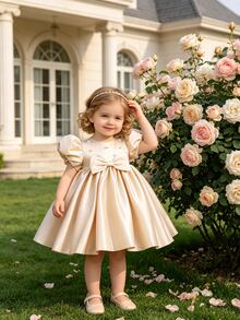 Glamorique Kids 香檳金優雅可愛花童緞面洋裝，泡泡袖高腰娃娃領蝴蝶結裝飾，手工串珠嬰兒生日婚禮夏季禮服 - 香檳色 - 查看 4