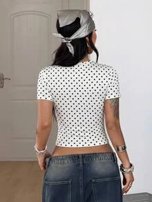 Coolane Women's Fall Streetwear Cute Knit Patchwork Lace Trim Collar Crew Neck Cap Sleeve Fit Polka Dot Pattern White T-Shirt - White - View 5
