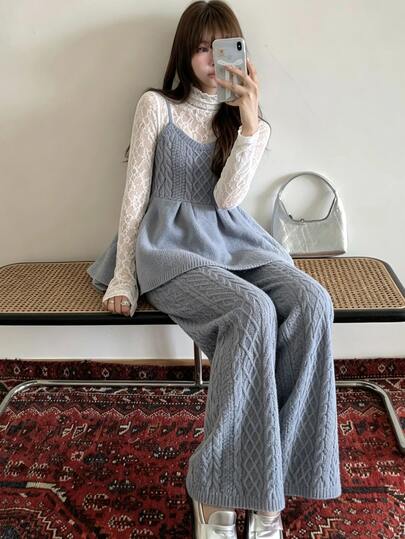 FRIFUL Women's Cable Knit Camisole Top With Ruffle Hem And Knit Long Pants Casual Set