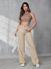 SHEIN Tall Ladies' Straight Leg Jeans With Diagonal Pockets, Tall Women - Khaki - View 5