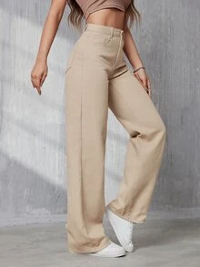 SHEIN Tall Ladies' Straight Leg Jeans With Diagonal Pockets, Tall Women - Khaki - View 4