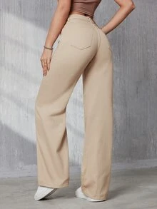 SHEIN Tall Ladies' Straight Leg Jeans With Diagonal Pockets, Tall Women - Khaki - View 2