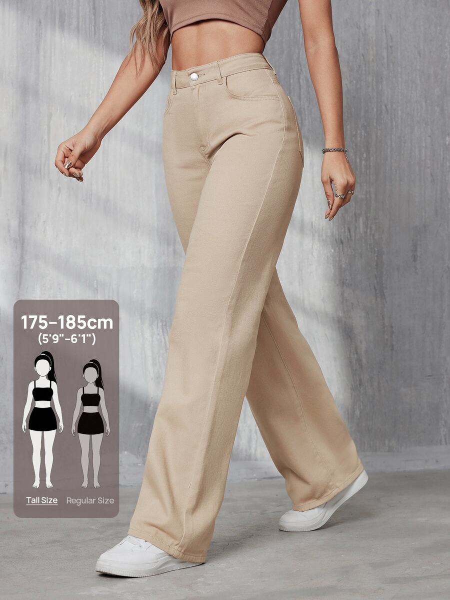 SHEIN Tall Ladies' Straight Leg Jeans With Diagonal Pockets, Tall Women - Khaki - View 1