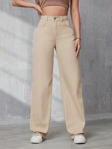 SHEIN Tall Ladies' Straight Leg Jeans With Diagonal Pockets, Tall Women - Khaki - View 3