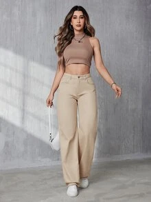 SHEIN Tall Ladies' Straight Leg Jeans With Diagonal Pockets, Tall Women - Khaki - View 6