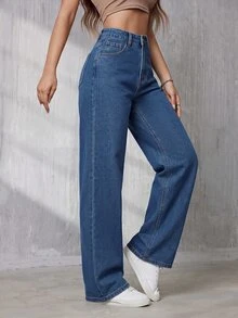 SHEIN Tall 女款休閒時尚鈕扣口袋牛仔褲 日常穿著 - 中等水洗藍 - 查看 3