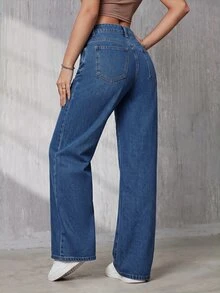 SHEIN Tall 女款休閒時尚鈕扣口袋牛仔褲 日常穿著 - 中等水洗藍 - 查看 2