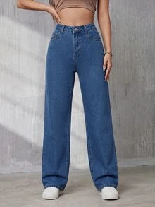 SHEIN Tall 女款休閒時尚鈕扣口袋牛仔褲 日常穿著 - 中等水洗藍 - 查看 4