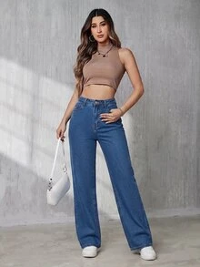 SHEIN Tall 女款休閒時尚鈕扣口袋牛仔褲 日常穿著 - 中等水洗藍 - 查看 5