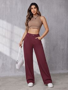 SHEIN Tall 女款鈕扣口袋時尚百搭牛仔褲 - 酒紅色 - 查看 4