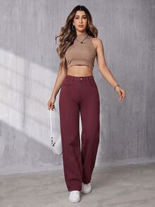 SHEIN Tall 女款鈕扣口袋時尚百搭牛仔褲 - 酒紅色 - 查看 6