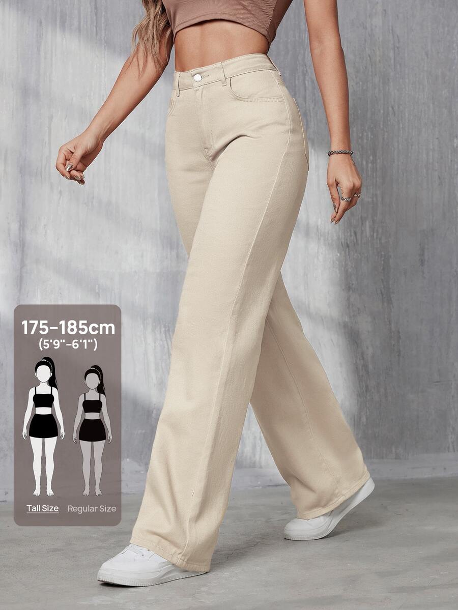 SHEIN Tall 女款休閒百搭日常穿著牛仔褲,附口袋與鈕扣設計 - 米色 - 查看 1