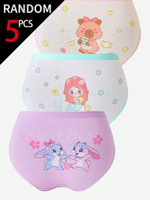 SHEIN [5 Random Piece] Girls Cotton Panties, Baby Pink White Fairy Unicorn Mermaid Capybara Rabbit Prints, Soft Comfy Underwear Winter - Multicolor - View 8