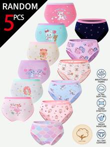 SHEIN [5 Random Piece] Girls Cotton Panties, Baby Pink White Fairy Unicorn Mermaid Capybara Rabbit Prints, Soft Comfy Underwear Winter - Multicolor - View 2