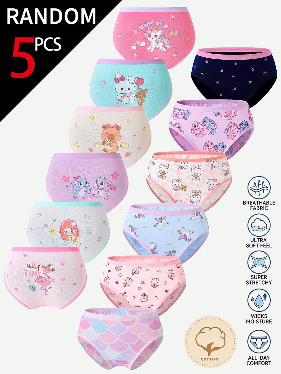 SHEIN [5 Random Piece] Girls Cotton Panties, Baby Pink White Fairy Unicorn Mermaid Capybara Rabbit Prints, Soft Comfy Underwear Winter
