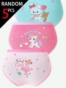 SHEIN [5 Random Piece] Girls Cotton Panties, Baby Pink White Fairy Unicorn Mermaid Capybara Rabbit Prints, Soft Comfy Underwear Winter - Multicolor - View 7