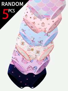 SHEIN [5 Random Piece] Girls Cotton Panties, Baby Pink White Fairy Unicorn Mermaid Capybara Rabbit Prints, Soft Comfy Underwear Winter - Multicolor - View 4