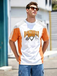Cheetos X SHEIN Manfinity Dauomo Men's Loose Short Sleeve Summer Top, Contrast Color Striped Letter Puppy Print Pattern, Full Blessing Print, Sports Graphic Style, Casual Versatile Fit, Daily Streetwear - Multicolor - View 4