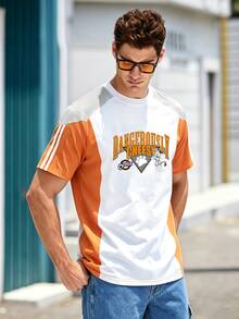 Cheetos X SHEIN Manfinity Dauomo Men's Loose Short Sleeve Summer Top, Contrast Color Striped Letter Puppy Print Pattern, Full Blessing Print, Sports Graphic Style, Casual Versatile Fit, Daily Streetwear - Multicolor - View 5