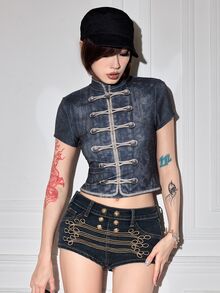 ROMWE Y2K Vintage Girl Washed Bronze Button Print Cropped Fitted Women's T-Shirt - Multicolor - View 5