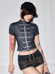 ROMWE Y2K Vintage Girl Washed Bronze Button Print Cropped Fitted Women's T-Shirt - Multicolor - View 1