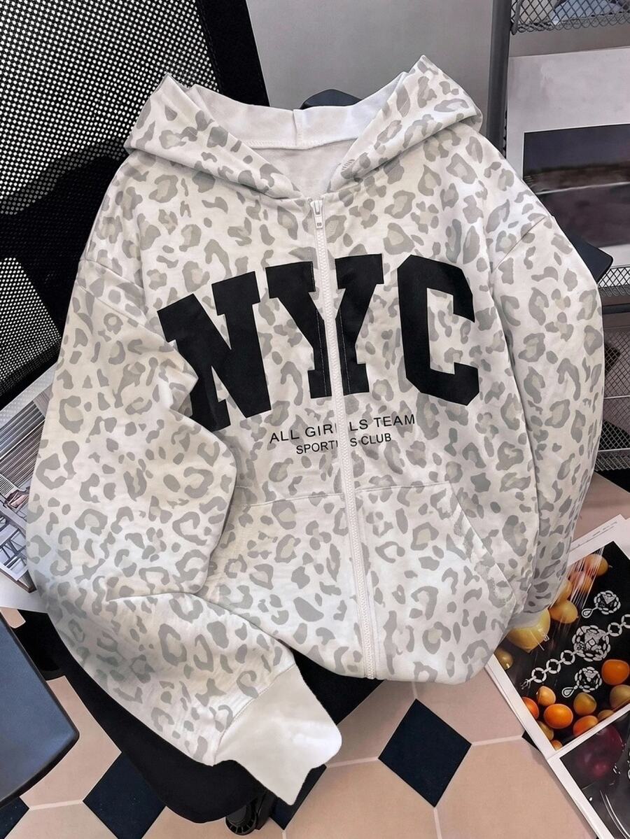 SHEIN Tween Girl Tween Girls Knitted Leopard Print Pattern Hooded Open Front Autumn Sweatshirt - Grey - View 1