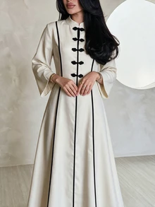 Yasveil Women Cream Chinese Knot Frog Button Black Contrast Trim Wide Sleeve Fitted Waist A Line Modest Dress Dubai Middle East Fall Formal Kaftan Abaya - Apricot - View 4