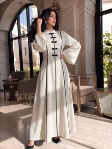 Yasveil Women Cream Chinese Knot Frog Button Black Contrast Trim Wide Sleeve Fitted Waist A Line Modest Dress Dubai Middle East Fall Formal Kaftan Abaya - Apricot - View 9