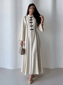 Yasveil Women Cream Chinese Knot Frog Button Black Contrast Trim Wide Sleeve Fitted Waist A Line Modest Dress Dubai Middle East Fall Formal Kaftan Abaya - Apricot - View 3