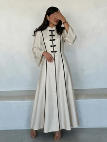 Yasveil Women Cream Chinese Knot Frog Button Black Contrast Trim Wide Sleeve Fitted Waist A Line Modest Dress Dubai Middle East Fall Formal Kaftan Abaya - Apricot - View 10