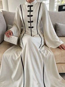 Yasveil Women Cream Chinese Knot Frog Button Black Contrast Trim Wide Sleeve Fitted Waist A Line Modest Dress Dubai Middle East Fall Formal Kaftan Abaya - Apricot - View 7