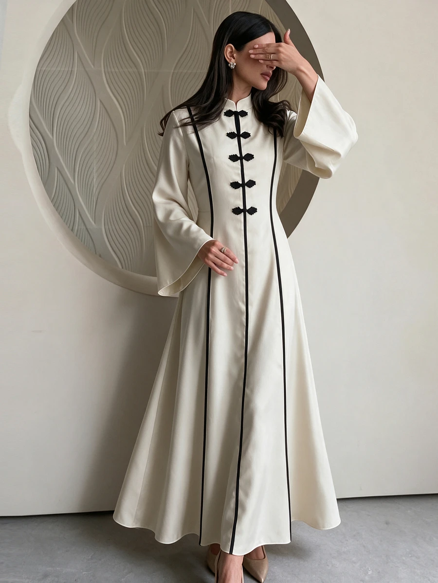 Yasveil Women Cream Chinese Knot Frog Button Black Contrast Trim Wide Sleeve Fitted Waist A Line Modest Dress Dubai Middle East Fall Formal Kaftan Abaya - Apricot - View 1