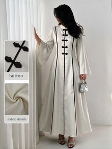 Yasveil Women Cream Chinese Knot Frog Button Black Contrast Trim Wide Sleeve Fitted Waist A Line Modest Dress Dubai Middle East Fall Formal Kaftan Abaya - Apricot - View 8