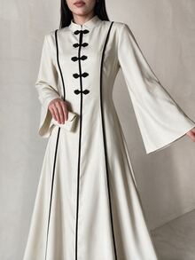 Yasveil Women Cream Chinese Knot Frog Button Black Contrast Trim Wide Sleeve Fitted Waist A Line Modest Dress Dubai Middle East Fall Formal Kaftan Abaya - Apricot - View 5