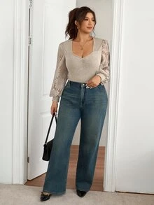 Lounesse Plus Size Casual Elegant Lace Patchwork Sleeve Sweetheart Neck Ribbed Brushed Bodysuit Autumn Brunch Formal Grey - Apricot - View 5