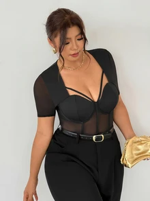 Firerie Plus Size Elegant Commuter Black Mesh Patchwork Sexy Cup Patchwork Hollow Out Design Fishbone Short Sleeve Bodysuit - Black - View 5